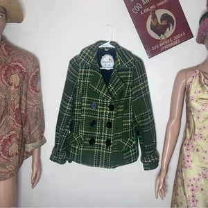 NICKANDMO Olive Green  Buffalo Plaid Wool Peacoat Jacket Button Up Sz Small